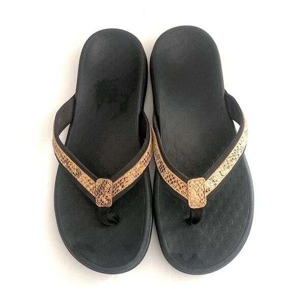 Vionic Black Sandals Snake Skin Print Leather Straps Women sz 10 Beachy Vacation - Picture 2 of 6